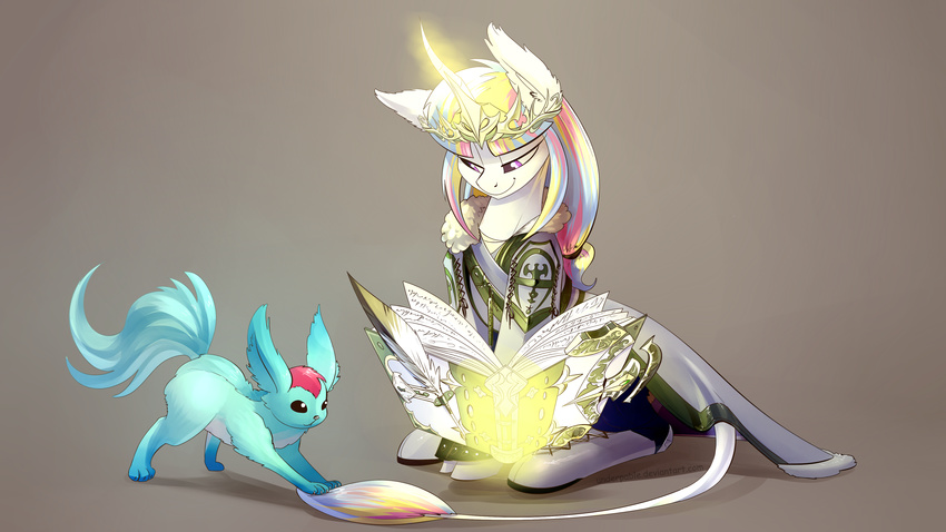 2017 armor blue_fur canine carbuncle digital_media_(artwork) duo equine fan_character feral final_fantasy final_fantasy_xiv fur grey_background horn mammal my_little_pony simple_background smile square_enix underpable unicorn video_games