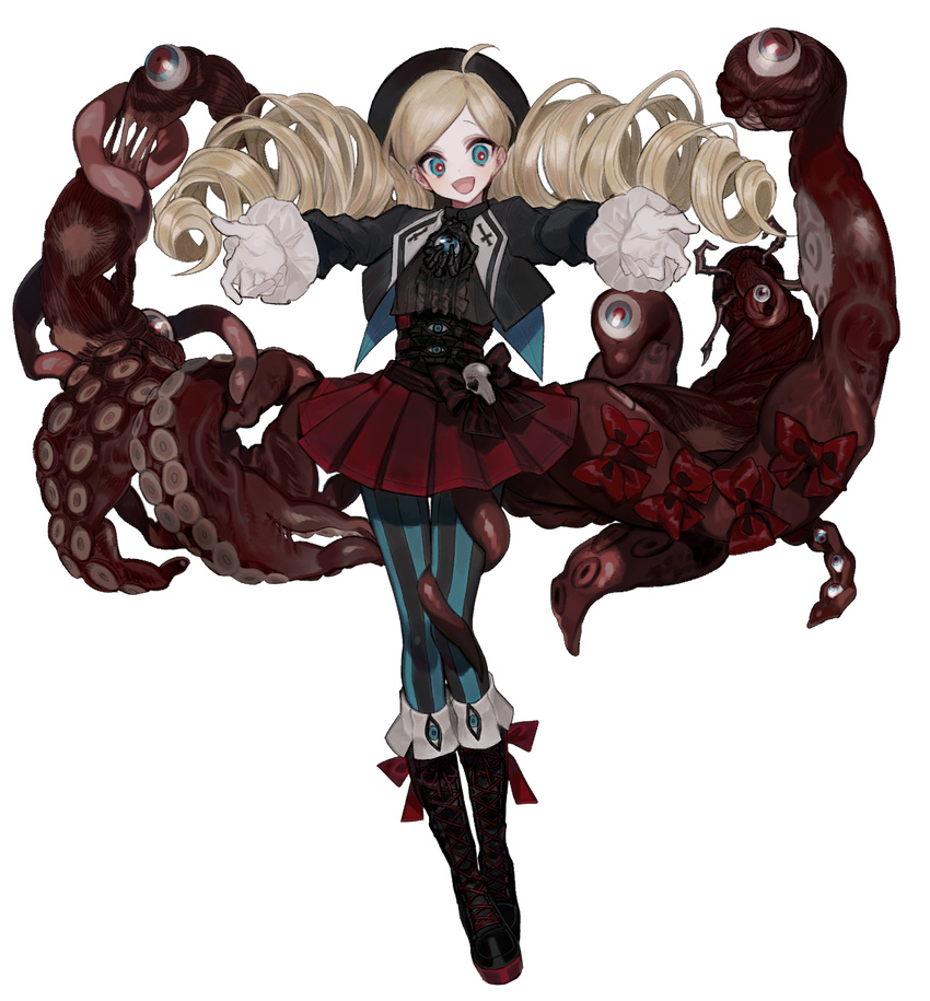 :d ahoge bad_id bad_pixiv_id black_jacket blonde_hair blue_eyes blush boots cross drill_hair extra_eyes full_body gloves hat highres inverted_cross jacket legs_together long_hair long_sleeves lunch_(lunchicken) monster_girl open_clothes open_jacket open_mouth original outstretched_arms pale_skin pantyhose red_pupils smile solo standing striped striped_legwear suction_cups tentacles transparent_background twin_drills vertical-striped_legwear vertical_stripes white_gloves