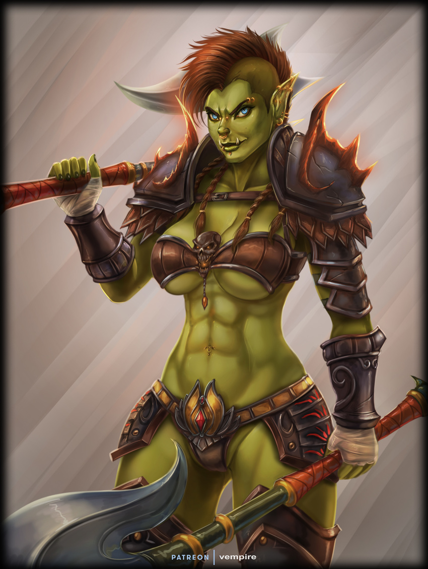 2017 absurd_res armor blue_eyes breasts brown_hair clothed clothing digital_media_(artwork) ear_piercing female green_skin hair hi_res holding_object holding_weapon humanoid looking_at_viewer melee_weapon mohawk muscular muscular_female not_furry orc piercing simple_background skimpy smile solo standing vempire video_games warcraft weapon