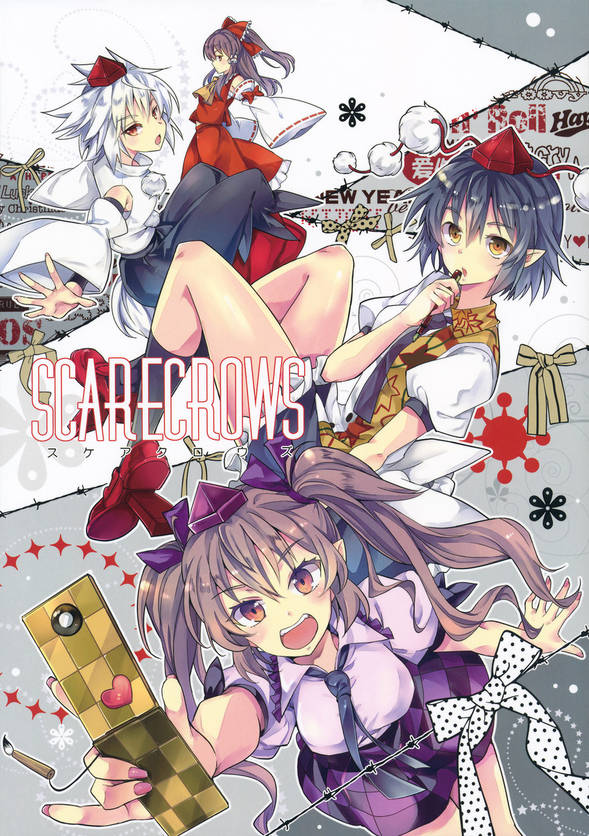 :d animal_ears ascot barbed_wire bare_shoulders black_hair black_legwear bow brown_hair cellphone checkered checkered_skirt comic cover cover_page detached_sleeves doujin_cover dress frilled_skirt frills geta hair_bow hair_ribbon hair_tubes hakurei_reimu hat heart highres himekaidou_hatate holding inubashiri_momiji kneehighs long_hair multiple_girls necktie open_mouth outstretched_arms pen phone pointy_ears pom_pom_(clothes) ponytail red_eyes ribbon shameimaru_aya shirt short_hair silver_hair skirt sleeves_past_wrists smile star takitarou tokin_hat touhou twintails wide_sleeves wolf_ears yellow_eyes