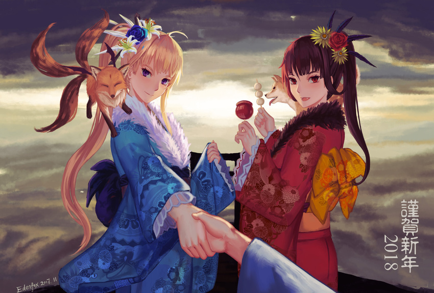 2girls artist_name black_hair blonde_hair candy_apple chinese_zodiac dango dog edenfox fangs flower food fox hair_flower hair_ornament holding_hands japanese_clothes kimono long_hair looking_at_viewer multiple_girls new_year open_mouth original out_of_frame pov pov_hands purple_eyes red_eyes shiba_inu slit_pupils smile torii vampire wagashi year_of_the_dog