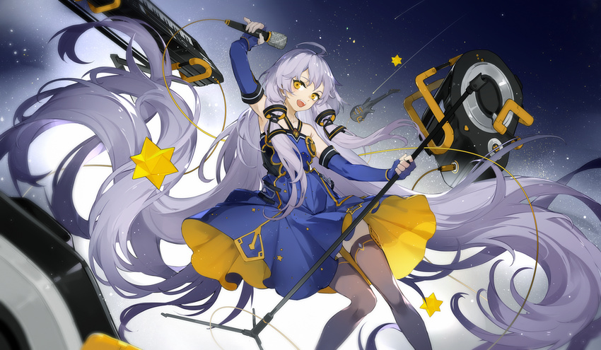 :d ahoge black_legwear commentary_request detached_sleeves hair_tubes holding long_hair looking_at_viewer low_ponytail microphone nine_(liuyuhao1992) open_mouth silver_hair smile solo speaker stellated_octahedron thighhighs vocaloid xingchen yellow_eyes