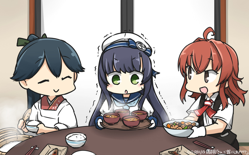 :d ahoge arashi_(kantai_collection) black_hair bowl brown_eyes commentary_request dated gloves green_eyes hair_ribbon hamu_koutarou hat highres houshou_(kantai_collection) kantai_collection kappougi long_hair matsuwa_(kantai_collection) miso_soup multiple_girls nikujaga_(food) open_mouth plate ponytail red_hair ribbon rice rice_bowl rice_spoon school_uniform serafuku short_hair smile table translation_request trembling white_gloves