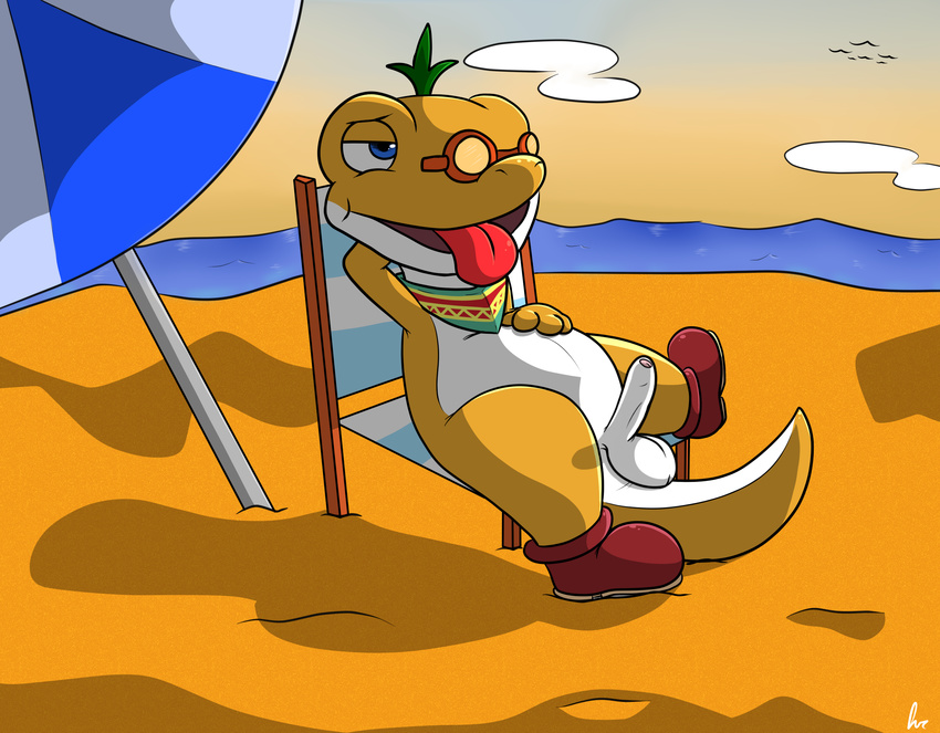 anthro aroused balls beach beach_chair blue_eyes boots chair clothing contimplatininspiratio dinosaur erection footwear glydon_(super_mario_odyssey) hi_res humanoid_penis male mario_bros mostly_nude nintendo penis reptile sand scalie seaside sitting solo super_mario_odyssey tongue tongue_out uncut video_games water