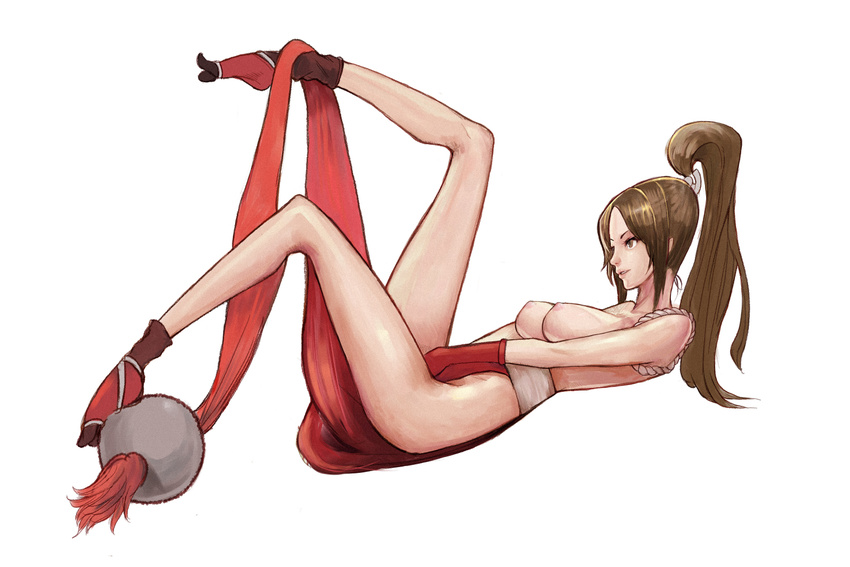 bad_id bad_pixiv_id breasts brown_eyes brown_hair fatal_fury hidezi large_breasts legs lips lying nipples on_back ponytail shiranui_mai solo the_king_of_fighters