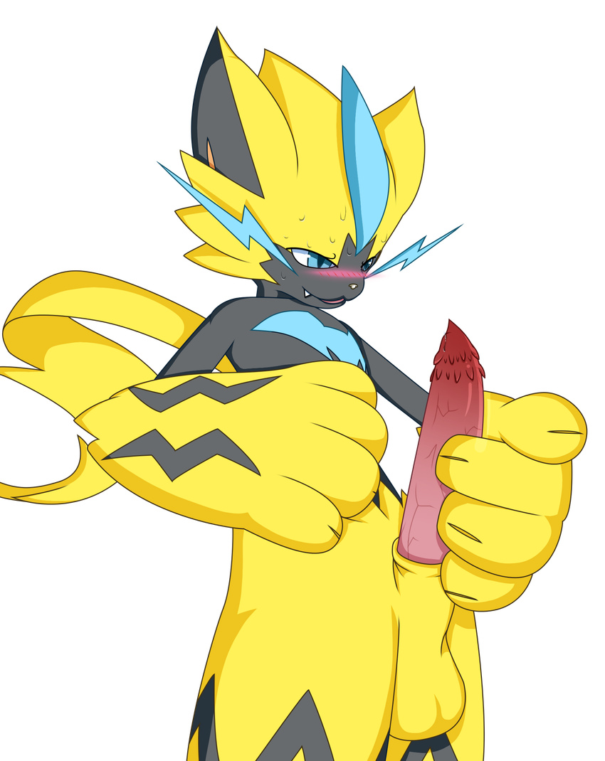 alpha_channel angeltf anthro balls barbed_penis blush claws erection fangs feline hi_res male mammal masturbation nintendo nude open_mouth penis pok&eacute;mon precum simple_background solo spoiler sweat transparent_background video_games zeraora