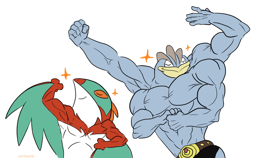 4_arms 5_fingers abs alpacapala anthro avian belt biceps bird clothed clothing duo eyes_closed fist flexing hawk hawlucha humanoid machamp male multi_arm multi_limb muscular nintendo pecs pok&eacute;mon pok&eacute;mon_(species) pose signature simple_background smile topless video_games white_background