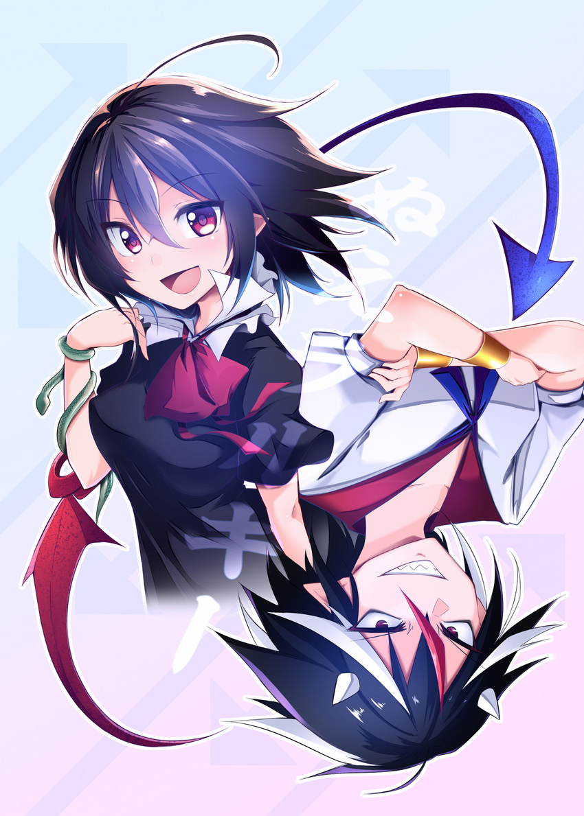 ahoge asymmetrical_wings black_hair bracelet chipa_(arutana) commentary_request cover cover_page grin highres horns houjuu_nue jewelry kijin_seija looking_at_viewer multicolored_hair multiple_girls open_mouth red_eyes red_hair red_neckwear short_hair smile snake streaked_hair touhou translation_request upside-down white_hair wings