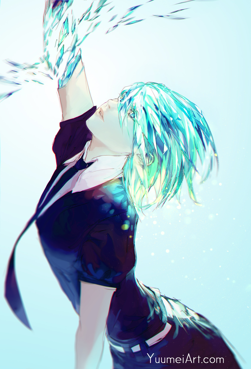 androgynous aqua_eyes aqua_hair arm_up gem_uniform_(houseki_no_kuni) gradient gradient_background highres houseki_no_kuni necktie phosphophyllite puffy_sleeves reaching short_hair short_sleeves solo watermark web_address wenqing_yan