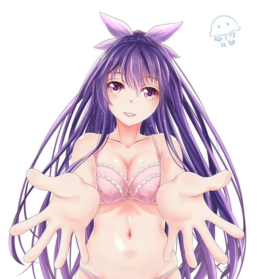 bare_shoulders bra breasts cleavage collarbone date_a_live hair_ribbon highres large_breasts long_hair looking_at_viewer navel open_mouth panties peng_peng pink_bra pink_panties purple_eyes purple_hair reaching_out ribbon simple_background smile solo underwear upper_body very_long_hair white_background yatogami_tooka