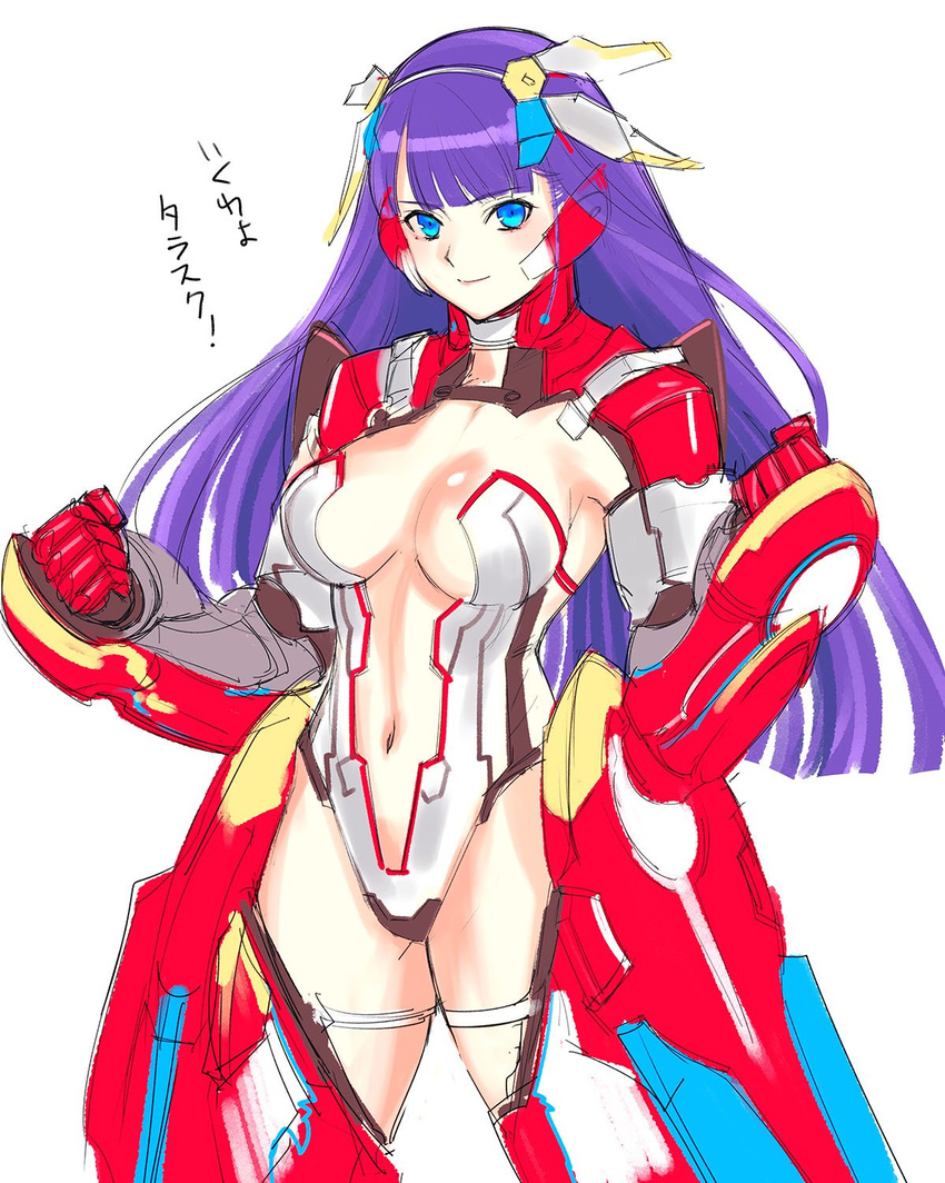 aerial_drive armor bangs blue_eyes blunt_bangs blush breasts breasts_apart clenched_hands closed_mouth cowboy_shot eyebrows_visible_through_hair fate/grand_order fate_(series) gauntlets hairband headgear headphones highres legs_apart leotard mecha_musume medium_breasts navel purple_hair revealing_clothes saint_martha sketch smile solo standing tetsu_(kimuchi) translated white_leotard