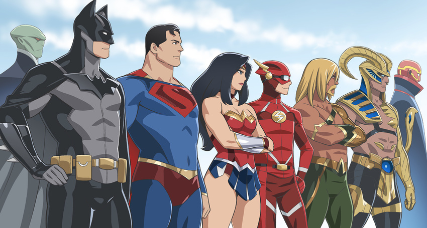 6+boys aquaman_(dc) bare_shoulders batman belt black_cape black_hair blonde_hair blue_sky cape character_request cloud covered_navel crossed_arms dark_skin day dc_comics facial_hair goatee green_lantern green_skin hand_on_hip justice_league long_hair looking_to_the_side martian_manhunter mask multiple_boys outdoors red_cape red_eyes red_tornado robot skirt sky standing superman temaeya_utsurou the_flash utility_belt wonder_woman