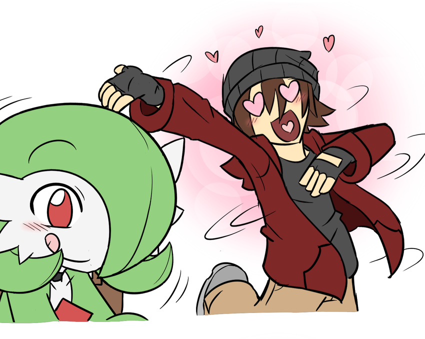 &lt;3 &lt;3_eyes airalin blush brown_hair clothing collar duo female gardevoir green_hair hair hat hoodie human humanoid male mammal mark_folks nintendo open_mouth pok&eacute;mon pok&eacute;mon_(species) rakkuguy red_eyes smile tongue tongue_out video_games