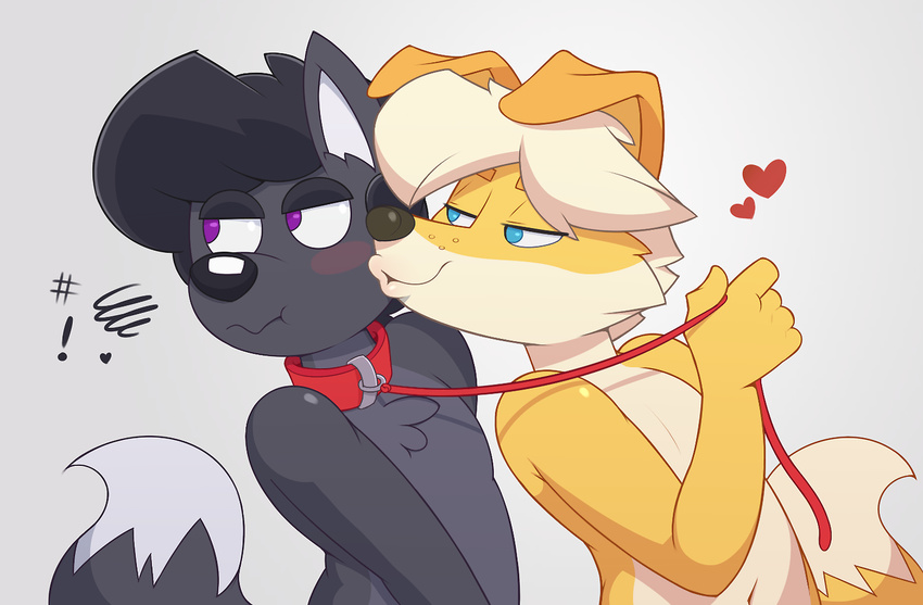 &lt;3 acstlu annoyed black_fur blush collar dipstick_tail fur kissing leash male male/male multicolored_tail phurcy yellow_fur