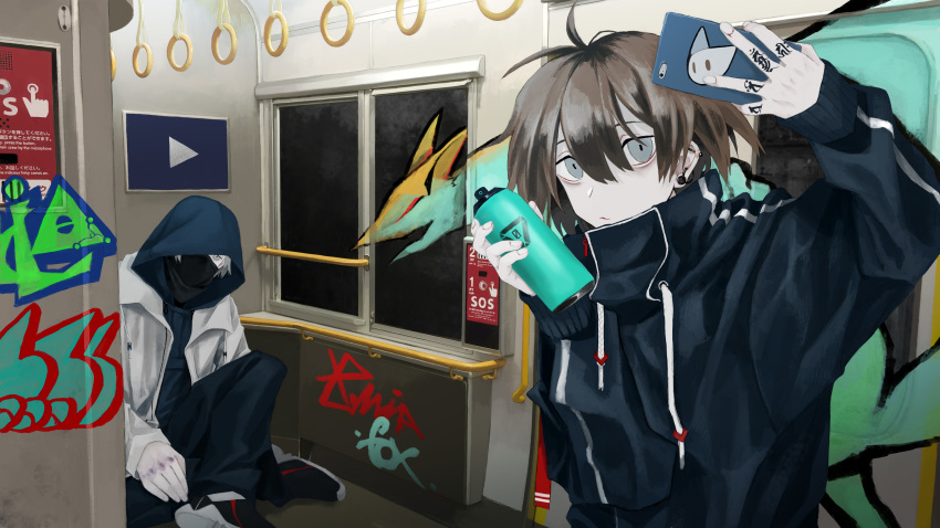 2boys absurdres brown_hair cellphone coat graffiti grey_eyes grey_hair ground_vehicle high_collar highres honda_souichi hood hood_up jacket looking_at_viewer male_focus mask multiple_boys original phone piercing self_shot short_hair sitting smartphone spray_can spray_paint tattoo train train_interior