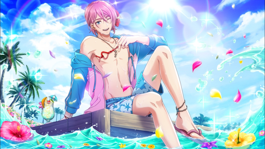 1boy ;d anklet bangs blue_eyes blue_sky bracelet cloud collarbone drink drinking_straw fabulous flip-flops flower game_cg hair_between_eyes hair_flower hair_ornament hall_(senjuushi) jacket jewelry knee_up looking_at_viewer male_focus male_swimwear navel necklace ocean official_art one_eye_closed open_clothes open_jacket open_mouth outdoors palm_tree petals pink_hair sandals senjuushi:_the_thousand_noble_musketeers side_bun sitting sky smile solo swim_trunks swimwear toned toned_male tree water wet