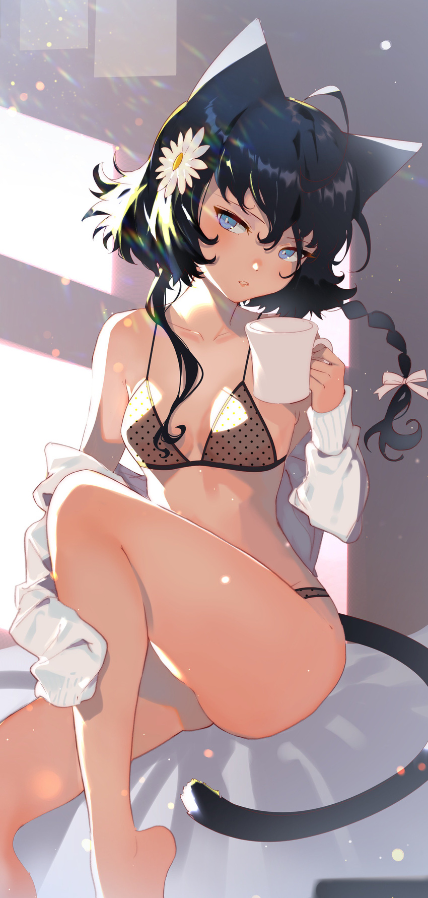 absurdres ahoge animal_ears arutera bangs banned_artist bare_legs bare_shoulders barefoot bed_sheet black_hair blue_eyes blush bra braid breasts cat_ears cat_girl cat_tail cleavage coffee_mug collarbone commentary_request cup day eyebrows_visible_through_hair flower hair_between_eyes hair_flower hair_ornament hair_ribbon head_tilt highres holding holding_cup indoors knee_up lavender_eyes light_particles long_hair long_sleeves looking_at_viewer mug off_shoulder on_bed open_clothes open_shirt original panties parted_lips polka_dot polka_dot_bra polka_dot_panties ribbon shiny shiny_hair shirt short_hair_with_long_locks single_braid single_sidelock sitting sleeves_past_wrists small_breasts smile solo sunlight tail tsurime underwear white_shirt