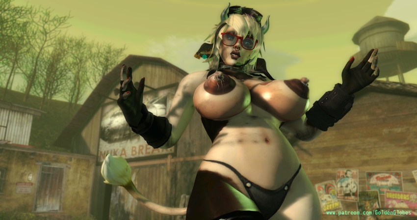 3d_(artwork) animal_humanoid big_breasts blonde_hair bovine breasts cattle clothed clothing collar cow_humanoid digital_media_(artwork) eyewear fallout glasses goggles goldenglobes hair humanoid lactating mammal milk panties penny pip-boy post-apocalyptic source_filmmaker topless underwear video_games