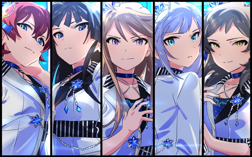 black_border black_hair blonde_hair blue_eyes border brown_hair commentary_request hair_ornament highres idolmaster idolmaster_million_live! idolmaster_million_live!_theater_days julia_(idolmaster) kitazawa_shiho lineup long_hair looking_at_viewer mogami_shizuka multiple_girls open_mouth purple_eyes red_hair shiraishi_tsumugi silver_hair smile tokoro_megumi yomosaka