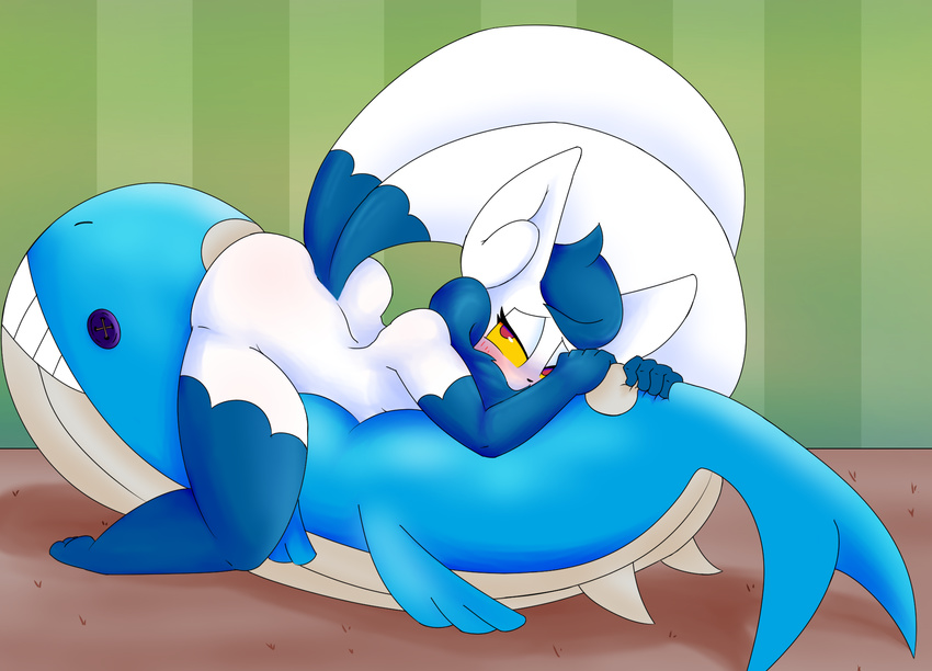 5_fingers anthro blue_fur blush butt button_(disambiguation) carpet female fur iguanasarecool inside lying meowstic multi_tail nintendo nude plushie pok&eacute;mon pok&eacute;mon_(species) solo video_games wailord white_fur yellow_eyes