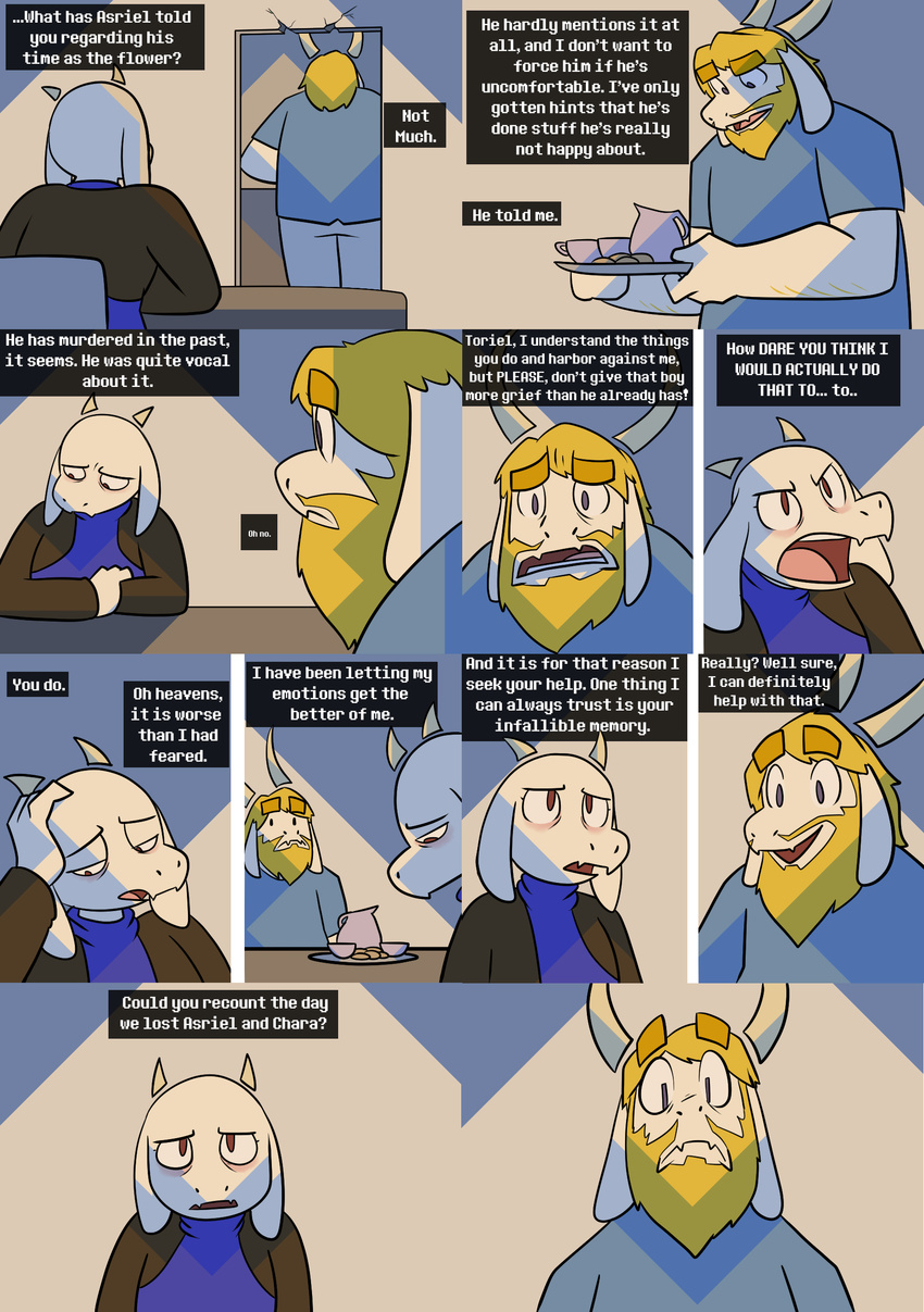 asgore_dreemurr beard boss_monster caprine cup dialogue drama english_text facial_hair fangs fur goat horn long_ears mammal potoobrigham tea_cup tea_set text toriel undertale video_games white_fur