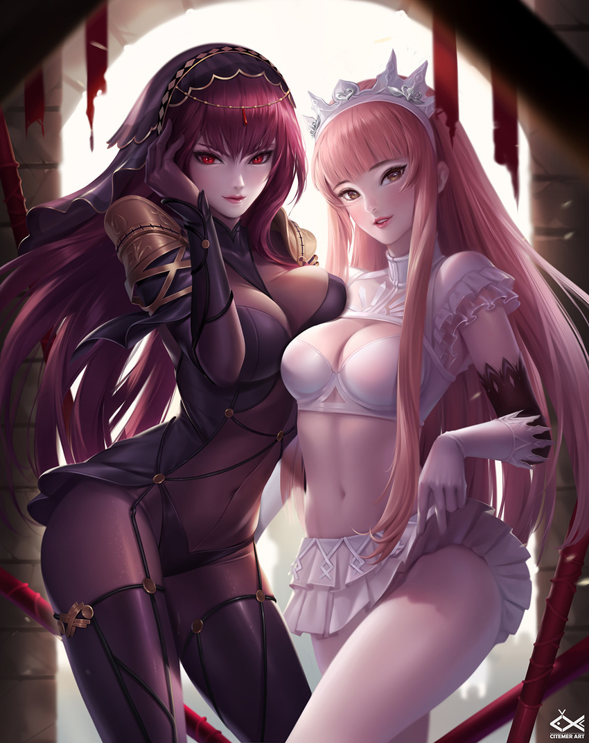 bangs blunt_bangs bodysuit breasts citemer cleavage contrast covered_navel cowboy_shot fate/grand_order fate_(series) gloves hair_intakes highres lifted_by_self long_hair looking_at_viewer md5_mismatch medb_(fate)_(all) medb_(fate/grand_order) medium_breasts miniskirt multiple_girls navel pantyhose parted_lips pauldrons pink_hair purple_bodysuit purple_hair red_eyes scathach_(fate)_(all) scathach_(fate/grand_order) skirt skirt_lift smile stomach tiara veil white_gloves yellow_eyes
