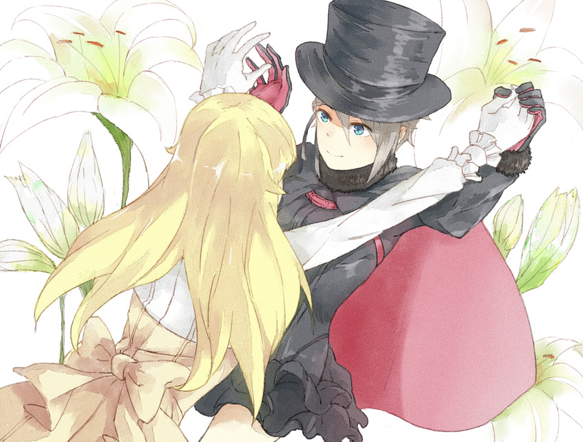 ange_(princess_principal) black_gloves black_hat blonde_hair blue_eyes braid cape eye_contact facing_another facing_away flower from_behind gloves grey_hair hands_up hat highres holding_hands lily_(flower) long_hair looking_at_another luobole multiple_girls princess_(princess_principal) princess_principal red_cape short_hair smile top_hat white_gloves yuri