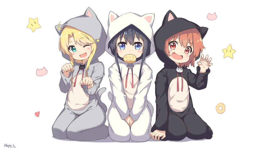 3girls :d ;d animal_costume animal_ears animal_hood bangs between_legs black_hair blonde_hair blue_eyes blush bread brown_hair cat_costume cat_ears cat_hood claw_pose commentary_request dated eyebrows_visible_through_hair food food_in_mouth green_eyes hair_between_eyes hand_between_legs hand_up head_tilt heart highres himesaka_noa hood hood_up hoshino_hinata long_hair melon_bread mouth_hold multiple_girls neps-l one_eye_closed open_mouth paw_pose red_eyes seiza shirosaki_hana signature sitting smile star wariza watashi_ni_tenshi_ga_maiorita! white_background