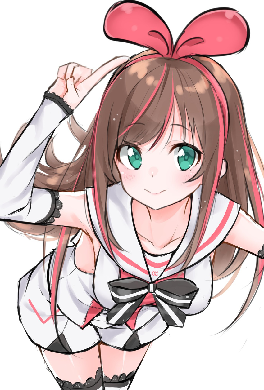 a.i._channel arm_warmers armpits arms_up bow breasts brown_hair closed_mouth collarbone commentary_request eyebrows_visible_through_hair green_eyes hair_bow hairband hand_up hashiko_nowoto highres kizuna_ai leaning_forward long_hair looking_at_viewer medium_breasts multicolored_hair pink_bow pink_hair pink_hairband pointing pointing_up sailor_collar shirt short_shorts shorts simple_background sleeveless sleeveless_shirt smile solo streaked_hair tareme thighhighs two-tone_hair virtual_youtuber white_background white_legwear