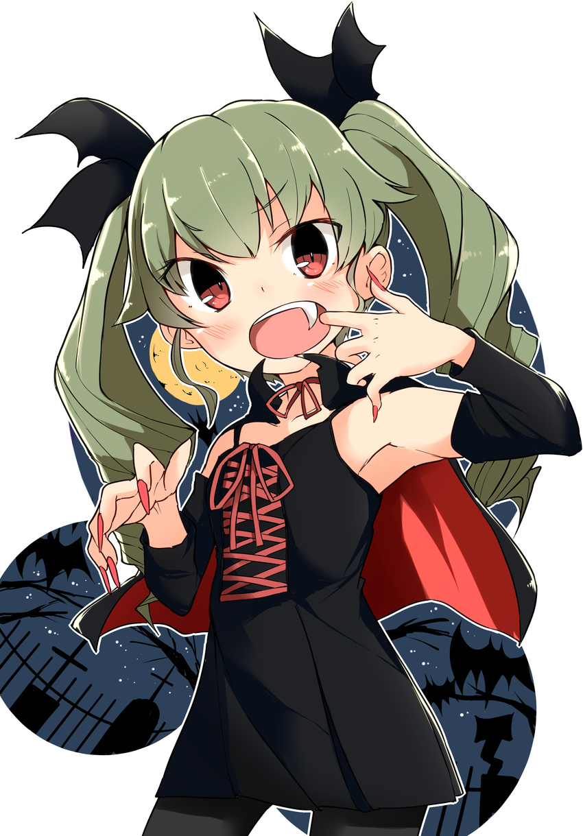 absurdres anchovy bangs barashiya bat black_dress black_legwear black_ribbon cape choker cowboy_shot detached_sleeves dress drill_hair eyebrows_visible_through_hair eyes_visible_through_hair fang fingernails girls_und_panzer green_hair hair_ribbon halloween_costume highres lace-up long_fingernails long_hair looking_at_viewer moon mouth_pull nail_polish night night_sky open_mouth pantyhose red_choker red_eyes red_nails ribbon ribbon_choker sky sleeveless sleeveless_dress solo spaghetti_strap standing twin_drills twintails vampire_costume