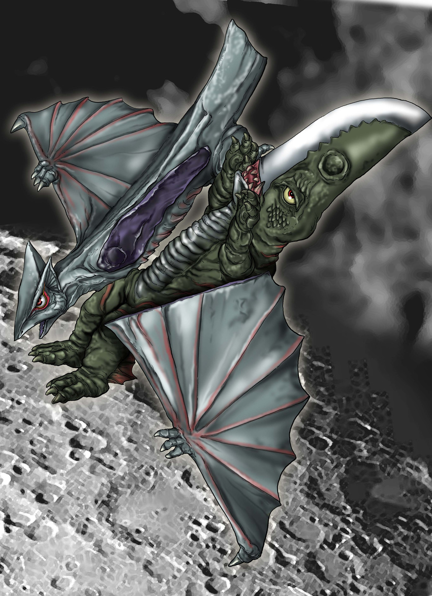 battle blood cutting death fight fighting flying gamera_(series) giant_monster gore guiron gyaos kaijuu monster planet purple_blood space space_gyaos wings