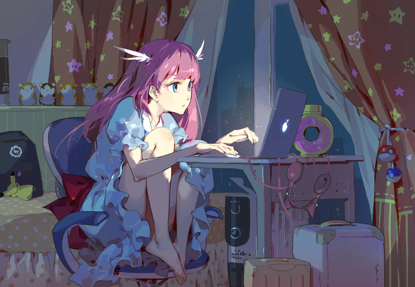 :/ barefoot bedroom blue_dress blue_eyes cat_ear_headphones chair chinese_commentary commentary_request computer curtains desk dress feet_on_chair feet_together full_body hair_ornament head_wings headphones headphones_removed indoors knees_up laptop long_hair looking_at_screen looking_away night office_chair official_art original poke_ball polka_dot purple_hair screen_light sitting solo stuffed_animal stuffed_hamster stuffed_toy suitcase tennohi window