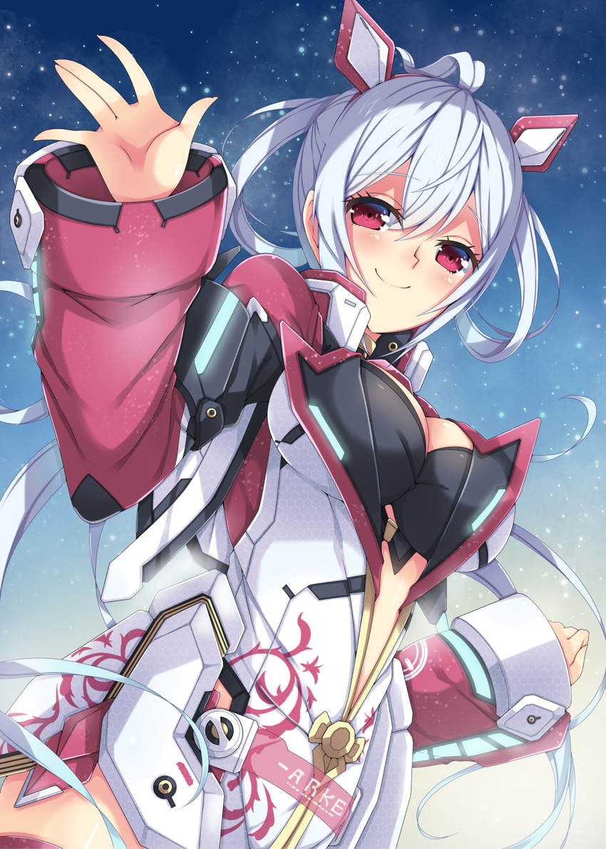 ahoge black_bra blush bra breasts cleavage dutch_angle eyebrows_visible_through_hair floating_hair hair_between_eyes hairband highres long_hair looking_at_viewer matoi_(pso2) medium_breasts milkpanda phantasy_star phantasy_star_online_2 ponytail red_eyes red_hairband silver_hair smile solo standing underwear very_long_hair