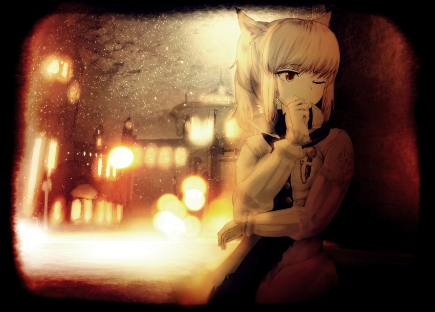 animal_ears bloom blurry cat_ears commentary_request depth_of_field final_fantasy final_fantasy_xiv glowing hand_to_own_mouth jacket lights limited_palette long_hair looking_to_the_side miqo'te one_eye_closed ponytail red_eyes snow snowing solo town vignetting wall white_hair yoshioka_yoshiko