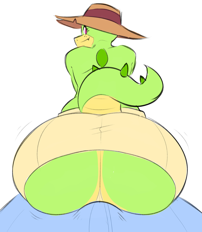 anthro big_butt bulge butt croc_(vimhomeless) crocodile crocodilian faceless_male female first_person_view hair huge_butt looking_back male male_pov pink_eyes reptile scalie simple_background smile theycallhimcake white_background