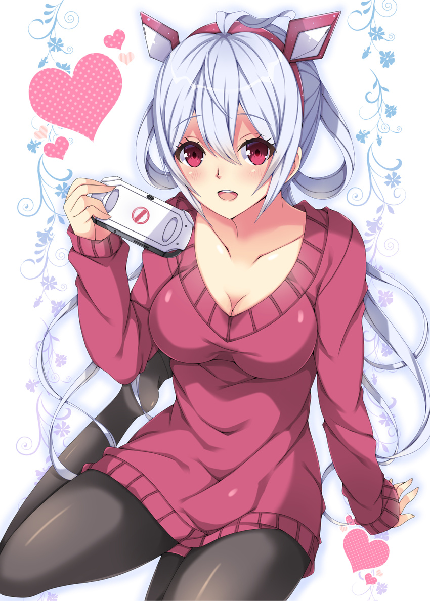 :d ahoge arm_support black_legwear blush breasts cleavage collarbone eyebrows_visible_through_hair floating_hair hair_between_eyes hairband handheld_game_console heart highres holding holding_handheld_game_console long_hair looking_at_viewer matoi_(pso2) medium_breasts milkpanda open_mouth pantyhose phantasy_star phantasy_star_online_2 playstation_vita red_eyes red_hairband red_sweater silver_hair smile solo sweater very_long_hair white_background