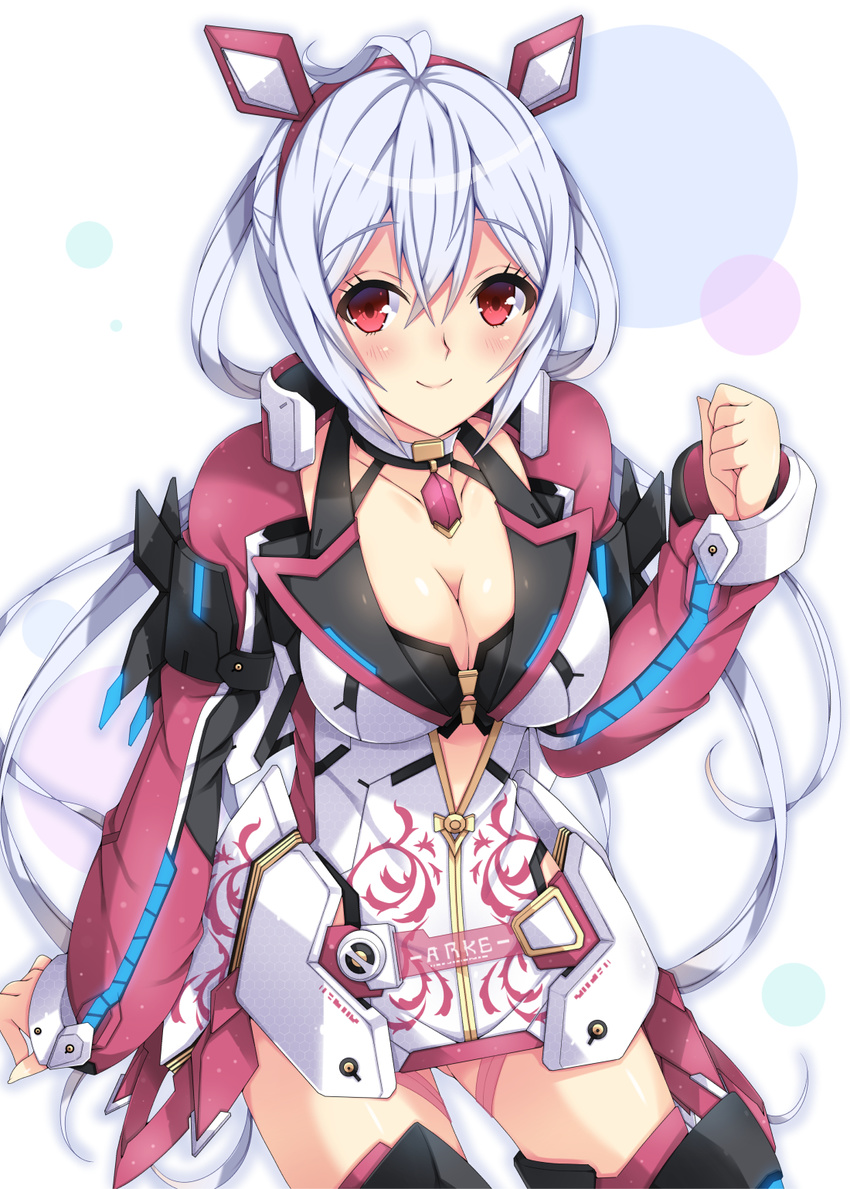 ahoge black_bra blush bra breasts cleavage collarbone eyebrows_visible_through_hair floating_hair hair_between_eyes hairband highres jewelry large_breasts long_hair looking_at_viewer matoi_(pso2) milkpanda necklace partially_unzipped phantasy_star phantasy_star_online_2 red_eyes red_hairband silver_hair sitting smile solo twintails underwear very_long_hair white_background