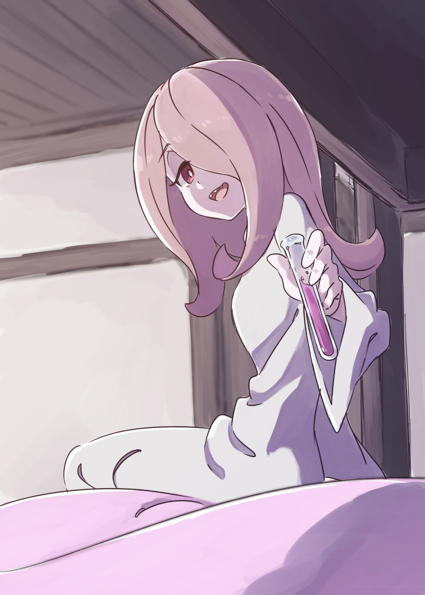 :d bed bright_pupils bunk_bed dress from_side hair_over_one_eye highres indoors little_witch_academia long_hair long_sleeves looking_at_viewer on_bed open_mouth pink_hair red_eyes sharp_teeth sitting smile solo sucy_manbavaran tama_(tama-s) teeth vial white_dress wide_sleeves