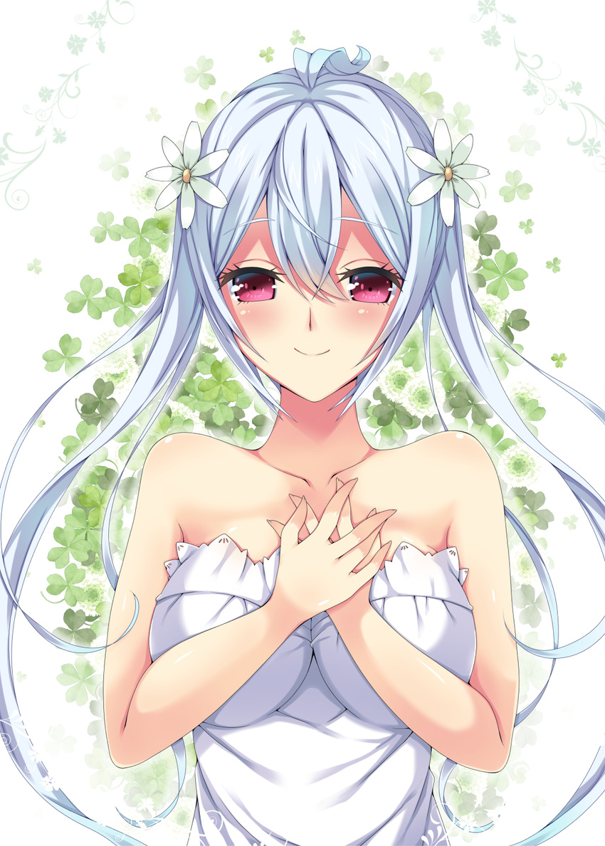 ahoge breasts collarbone eyebrows_visible_through_hair floating_hair flower hair_between_eyes hair_flower hair_ornament highres large_breasts long_hair looking_at_viewer matoi_(pso2) milkpanda phantasy_star phantasy_star_online_2 red_eyes silver_hair smile solo strapless twintails upper_body very_long_hair white_background white_flower