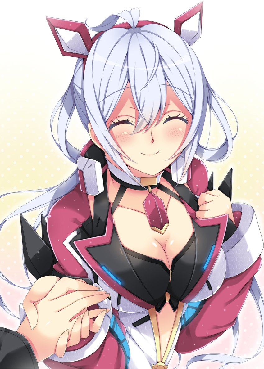 ahoge black_bra blush bra breasts cleavage closed_eyes collarbone eyebrows_visible_through_hair floating_hair hair_between_eyes hairband highres holding_hand jewelry large_breasts long_hair matoi_(pso2) milkpanda necklace phantasy_star phantasy_star_online_2 red_hairband silver_hair simple_background smile underwear upper_body white_background