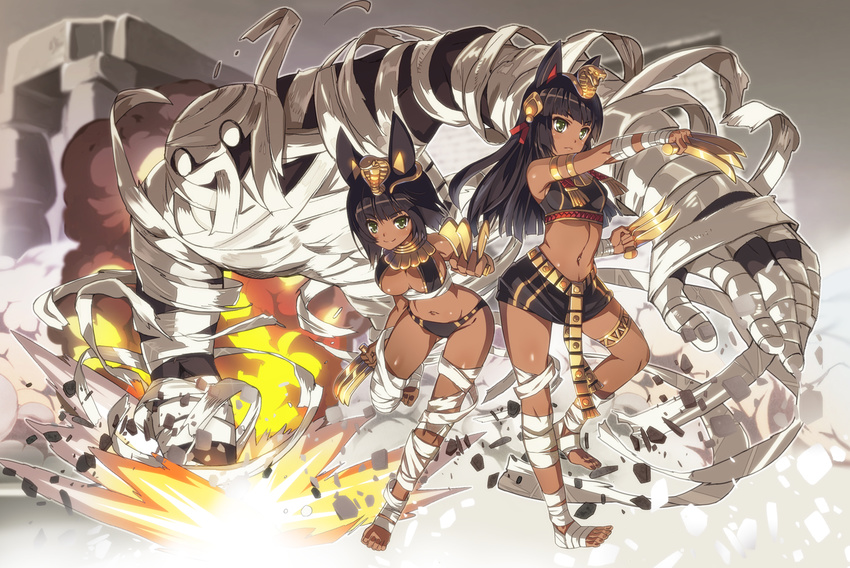 animal_ears anubis bandaged_arm bandaged_leg bandages bare_shoulders barefoot black_hair breasts claws cleavage dark_skin dual_persona egyptian_clothes egyptian_mythology green_eyes holding holding_weapon long_hair looking_at_viewer medium_breasts midriff multiple_girls mummy navel nyoro_(nyoronyoro000) skirt smile weapon