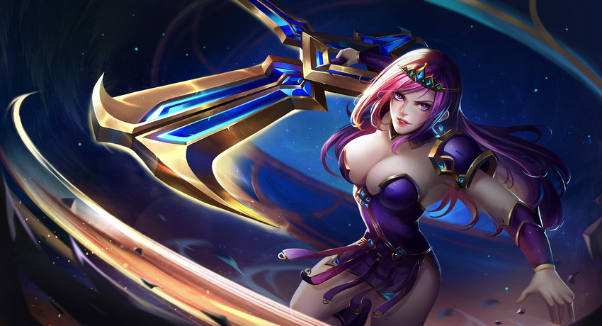 alternate_costume alternate_eye_color alternate_hair_color armor armpits backlighting bangs breasts buckle chakram cleavage cowboy_shot detached_collar diadem dress earrings fighting_stance floating_hair foreshortening gem highres holding holding_sword holding_weapon huge_weapon jewelry large_breasts league_of_legends leg_lift leg_up light_particles lips lipstick liuzexiong long_hair looking_at_viewer makeup outstretched_arms parted_bangs parted_lips pauldrons pelvic_curtain purple_dress purple_eyes purple_hair red_lipstick serious short_dress shoulder_armor side_slit sivir smile spread_arms standing standing_on_one_leg star starry_background strap strapless strapless_dress swept_bangs sword thighs vambraces warrior_princess_sivir weapon