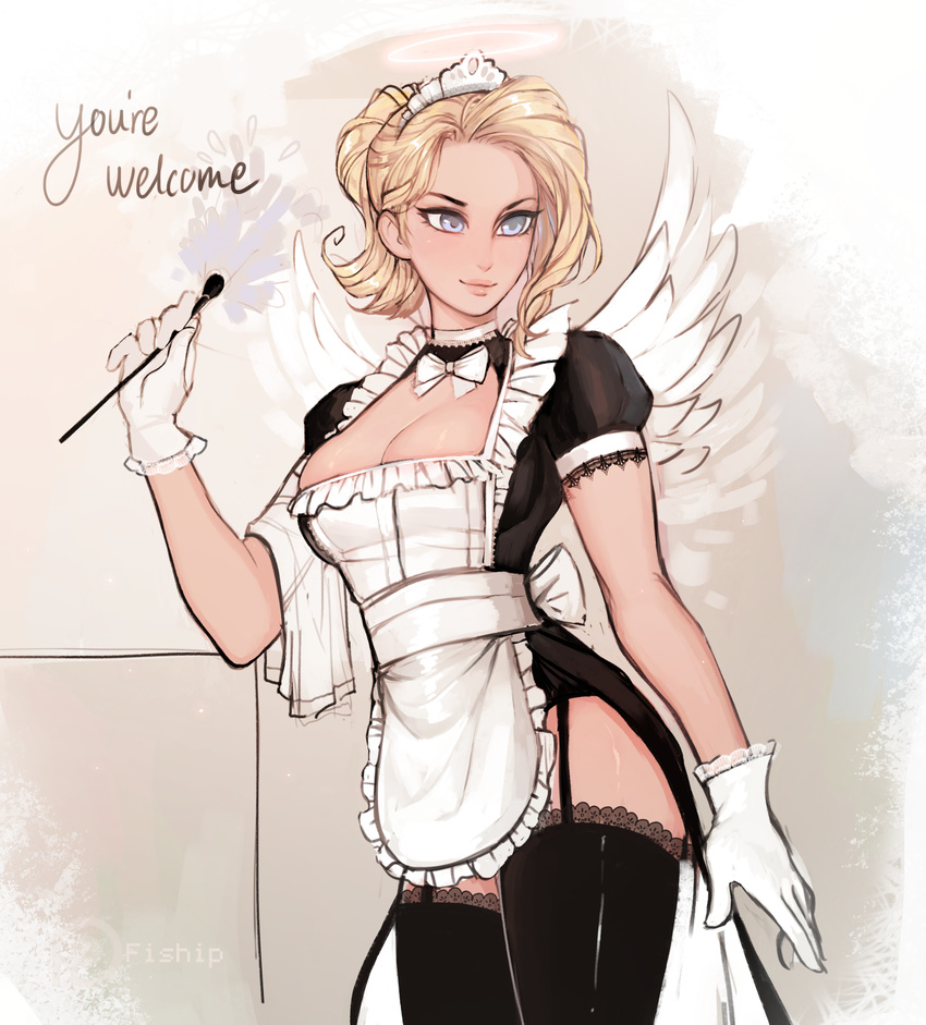 absurdres alternate_costume apron artist_name black_legwear blonde_hair blue_eyes bow bowtie breasts cleavage commentary cowboy_shot dress english enmaided feather_duster feathered_wings frills garter_straps gloves halo highres holding lace lace-trimmed_dress lace-trimmed_thighhighs lips looking_to_the_side maid maid_apron maid_headdress matilda_vin medium_breasts mercy_(overwatch) overwatch puffy_sleeves short_hair short_sleeves signature skirt smile solo standing thighhighs waist_apron white_bow white_gloves white_neckwear white_wings wings