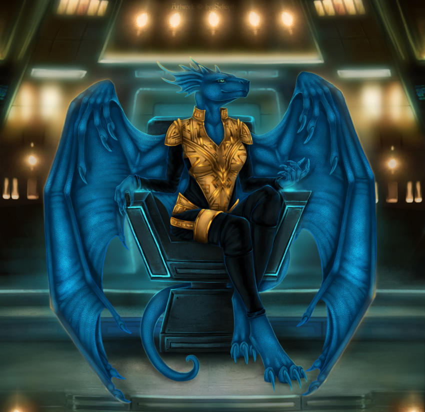 2018 4_toes 5_fingers anthro barefoot blue_eyes blue_scales clothed clothing detailed_background digital_media_(artwork) dragon female membranous_wings scales scalie selianth toes western_dragon wings