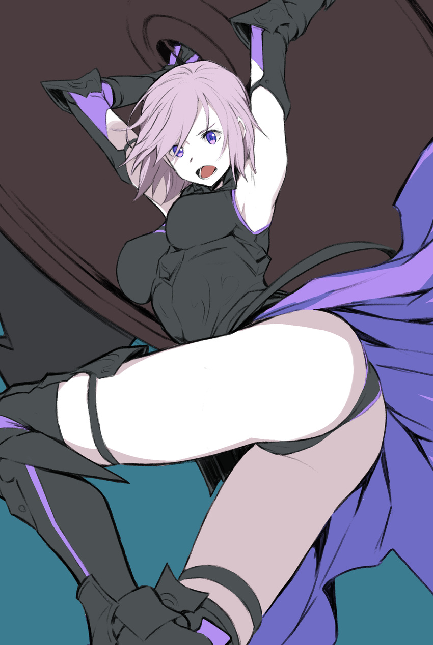 absurdres aqua_background armpits arms_up ass bangs black_gloves black_legwear black_leotard breasts commentary_request elbow_gloves fate/grand_order fate_(series) gloves highres holding_shield leotard looking_at_viewer mash_kyrielight medium_breasts open_mouth over-kneehighs purple_eyes purple_hair shield short_hair simple_background sketch solo teeth thigh_strap thighhighs thighs utu_(ldnsft)