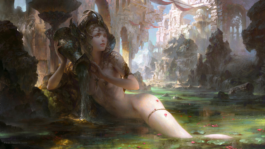 amulet aquarius arch arched_back artist_name blonde_hair breasts building crown green_eyes guangjian_huang highres hip_bones holding long_hair looking_at_viewer md5_mismatch medium_breasts navel nude original ornament outdoors parted_lips partially_submerged pasties petals river rock ruins solo thighlet treasure_chest vase water waterfall watermark web_address