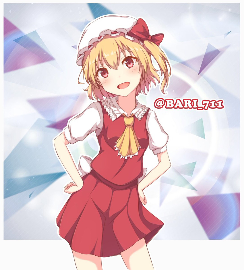 alternate_hair_length alternate_hairstyle blonde_hair bow commentary_request contrapposto cowboy_shot flandre_scarlet hands_on_hips hat hat_bow head_tilt highres hisagi_maruyama looking_at_viewer miniskirt mob_cap one_side_up open_mouth puffy_short_sleeves puffy_sleeves red_bow red_eyes red_skirt short_hair short_sleeves skirt skirt_set smile solo standing touhou vest white_hat
