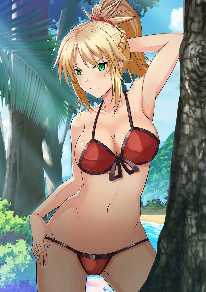 &gt;:( alternate_breast_size arm_behind_back arm_behind_head armpits ass_visible_through_thighs blush breasts cleavage contrapposto cowboy_shot fate/grand_order fate_(series) front-tie_bikini front-tie_top green_eyes groin groin_tendon highres hips large_breasts mordred_(fate)_(all) mordred_(swimsuit_rider)_(fate) navel short_hair solo standing tree v-shaped_eyebrows wide_sleeves yosanann