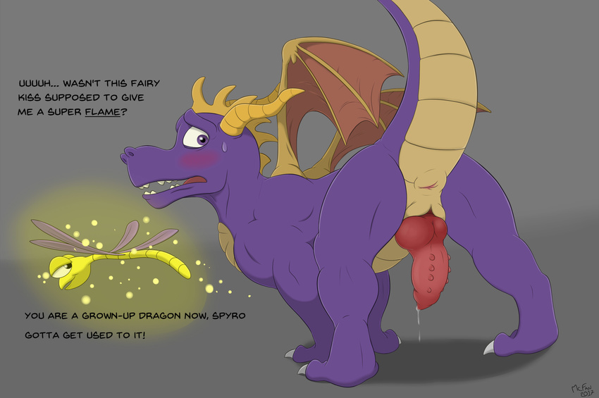 claws cum dialogue dragon embarrassed erection feral hi_res horn invalid_tag knot male mcfan membranous_wings nude penis scalie sex simple_background sparx spyro spyro_the_dragon sweat text video_games wings