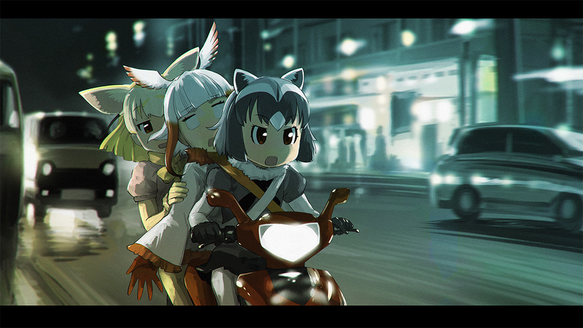 3girls animal_ears blank_eyes blonde_hair car chromatic_aberration commentary_request common_raccoon_(kemono_friends) crossover fennec_(kemono_friends) film_grain fox_ears gloves ground_vehicle head_wings japanese_crested_ibis_(kemono_friends) jitome kemono_friends letterboxed motor_vehicle motorcycle movie_reference multiple_girls night open_mouth pantyhose parody raccoon_ears tsurime ueyama_michirou white_hair